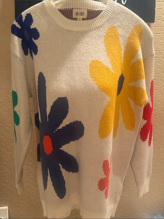 BiBi Sweaters - BiBi Cream Crewneck Sweater with Bold Multicolor Flower Motifs